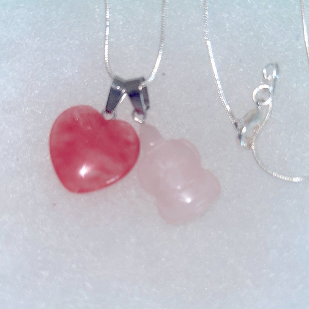 Cherry Quartz Heart ❤️ & Rose Quartz turtle 🐢 sterling silver 16” necklace